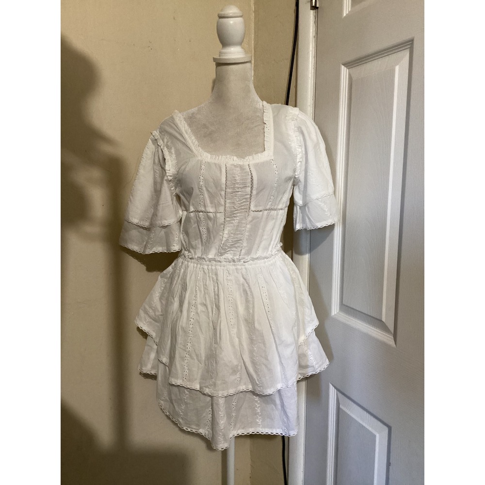 Maurie & Eve Orenda White Organic Cotton Eyelet Tiered Mini Dress CS004 Size 8